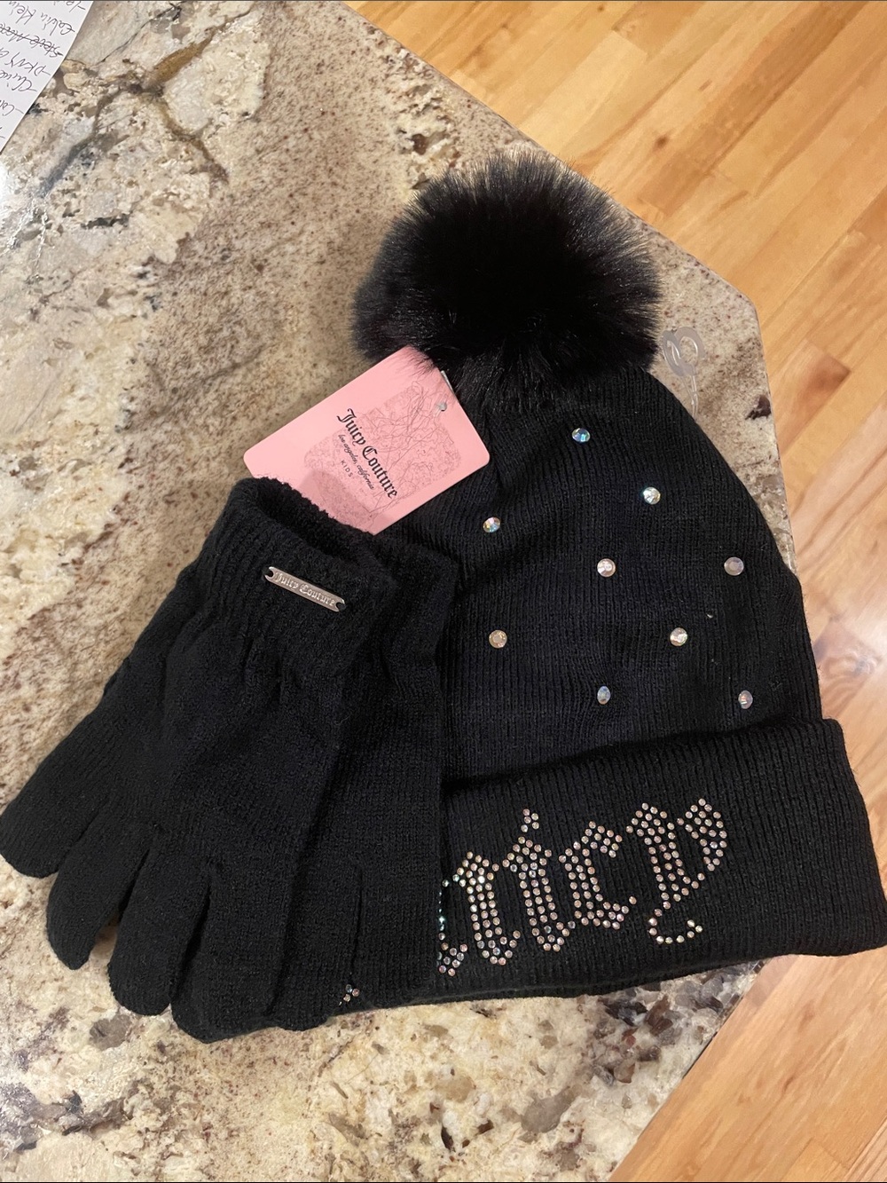NWT Juicy Couture Girls Black Rhinestone Pom Knit Beanie & Glove Set